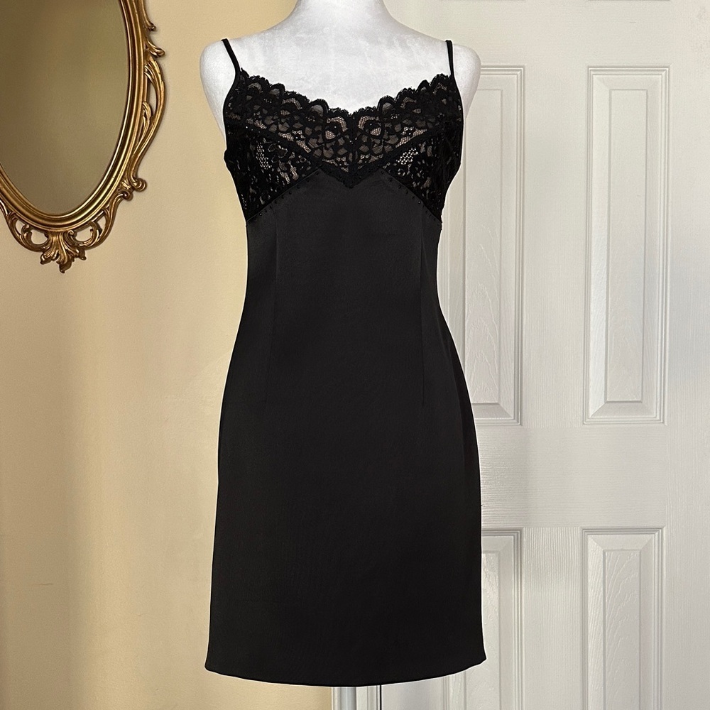 Laundry Satin Lace Trim & Rhinestone Sheath Dress Spaghetti Straps Slip Y2K EUC